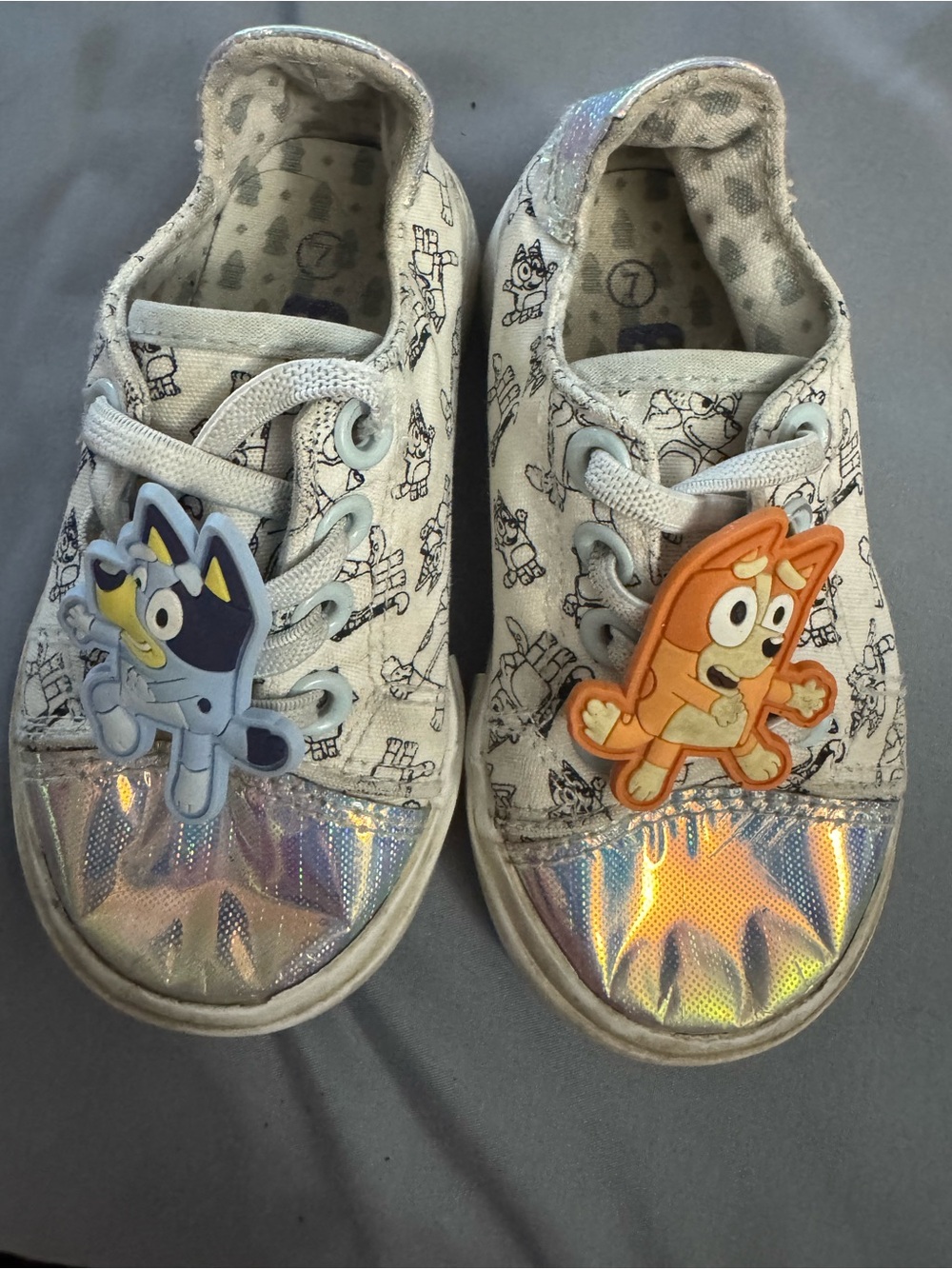 Kids Cartoon Character Light Gray Sneakers with Holographic Toe Accents